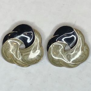 Vintage Black Cream Enamel Pierced Earrings